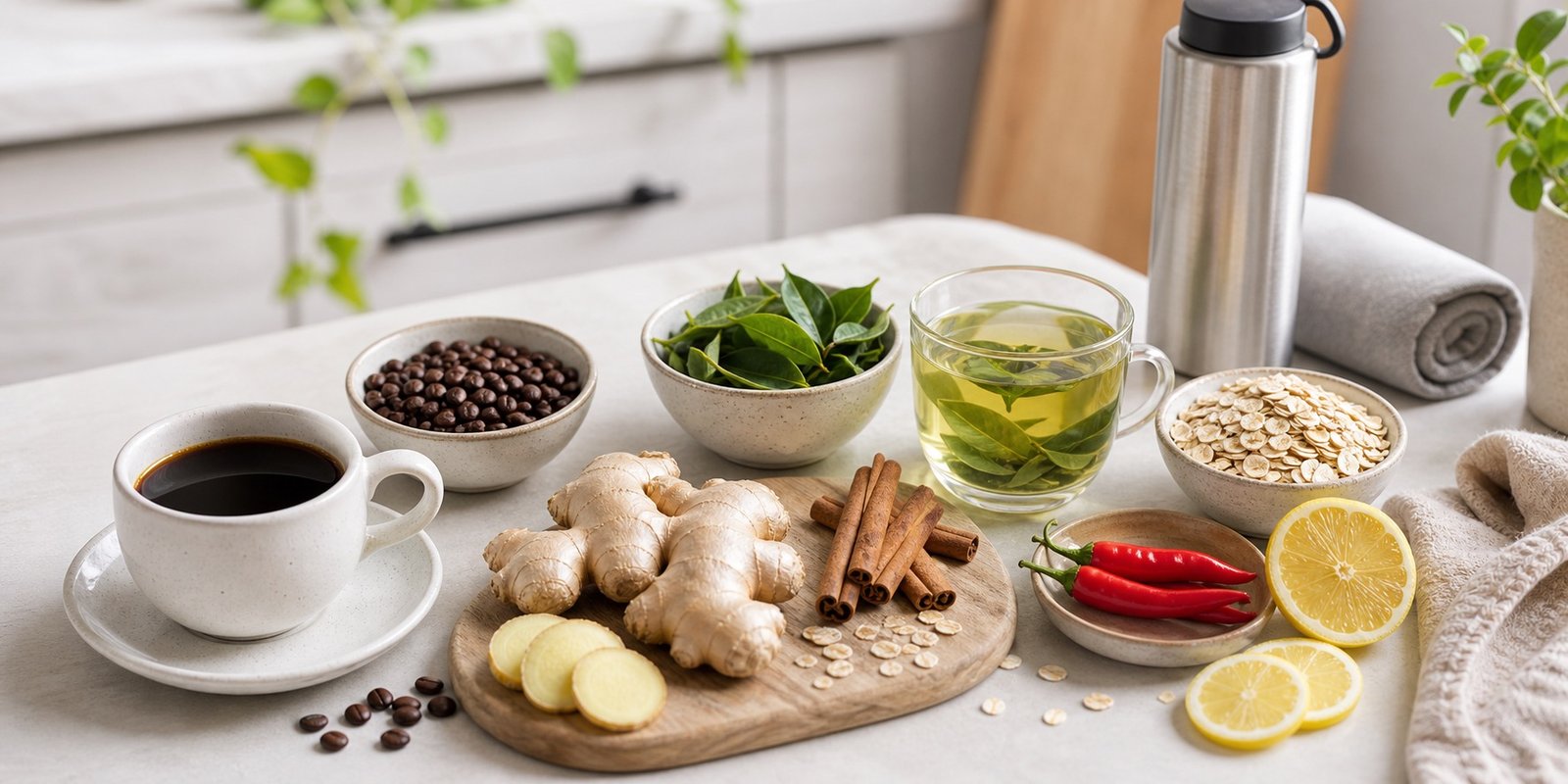 Café, chá verde, gengibre, canela e pimenta como exemplos de termogênicos naturais.