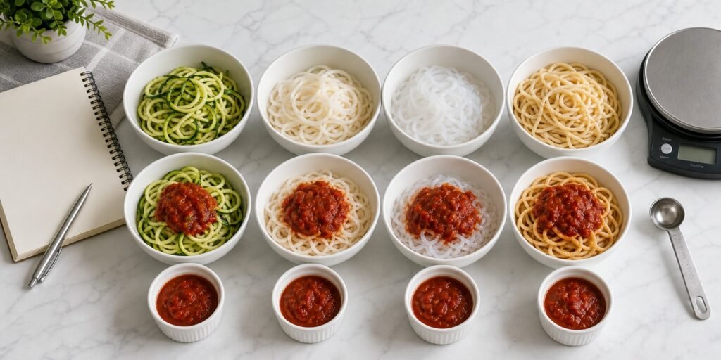 Bowls medidos com abobrinha, pupunha, shirataki e macarrão tradicional para comparar porção e molho.