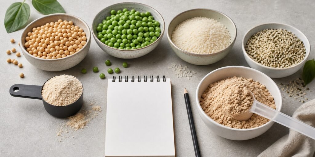 Fontes vegetais como soja, ervilha, arroz e sementes separadas para comparar proteínas