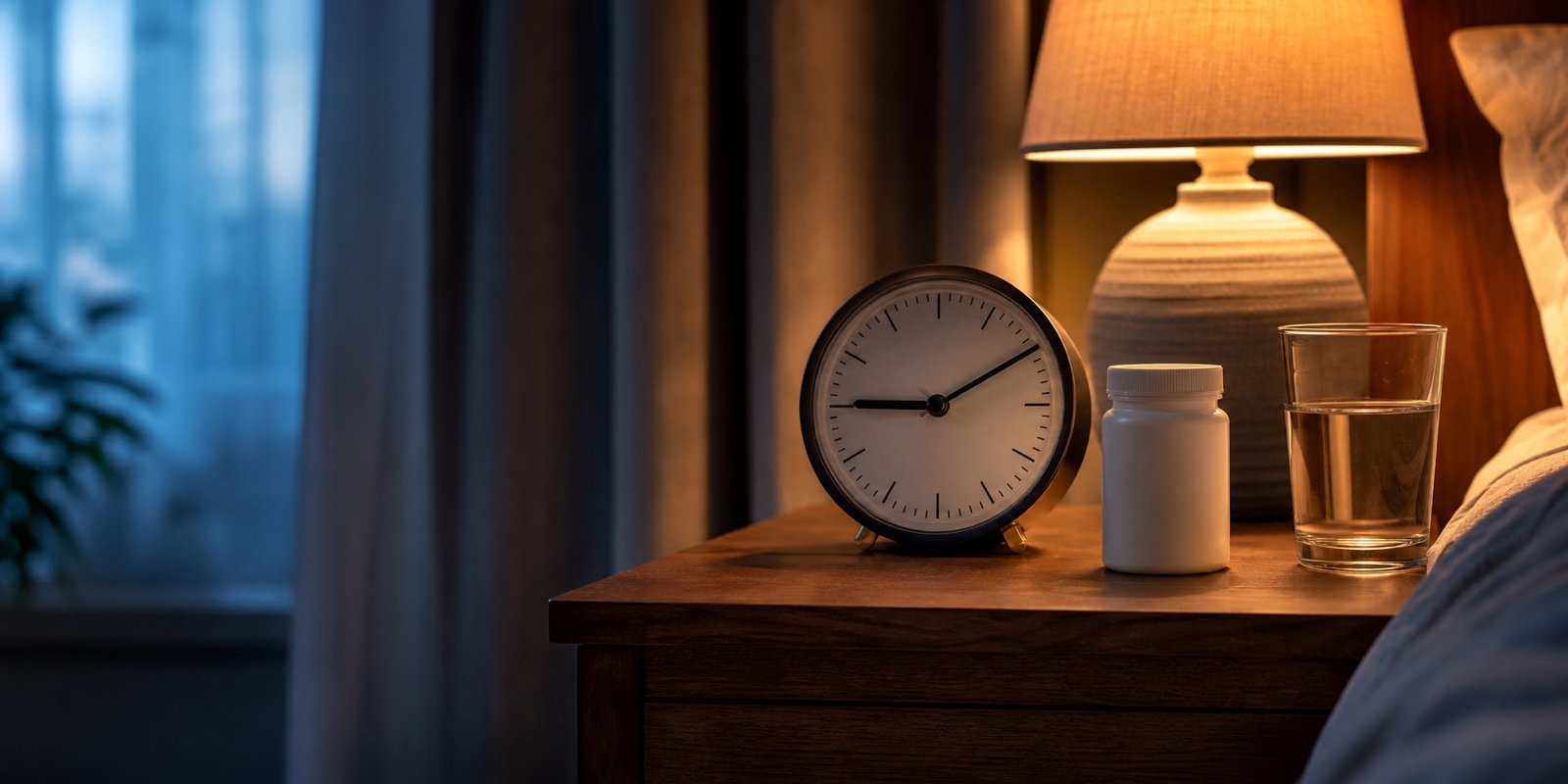 Relógio, luz baixa e frasco sem marca ilustram melatonina para dormir e ritmo circadiano