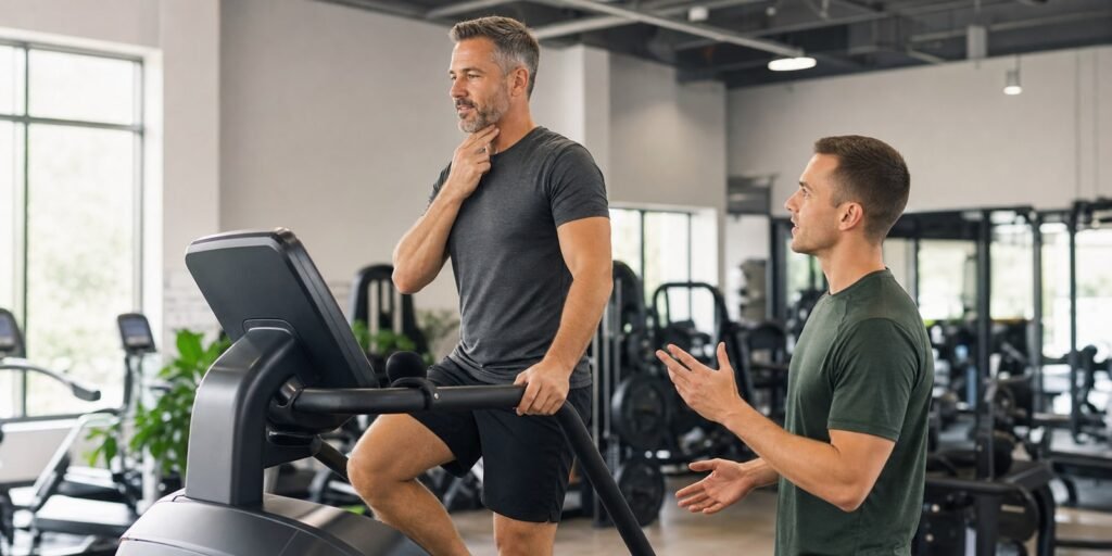 Instrutor orienta controle de esforço durante cardio na escada com teste da fala e ritmo moderado.