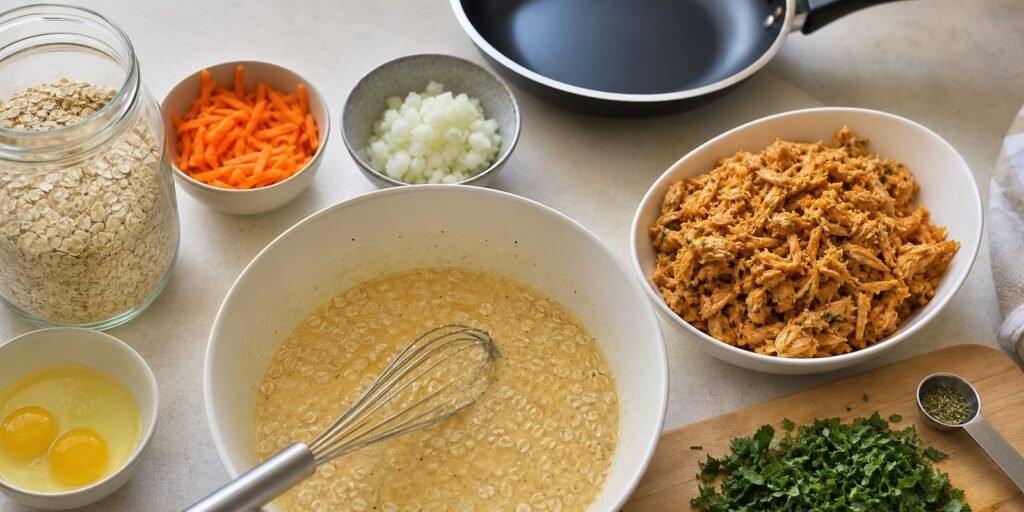 Ingredientes da massa de aveia e recheio de frango separados na bancada