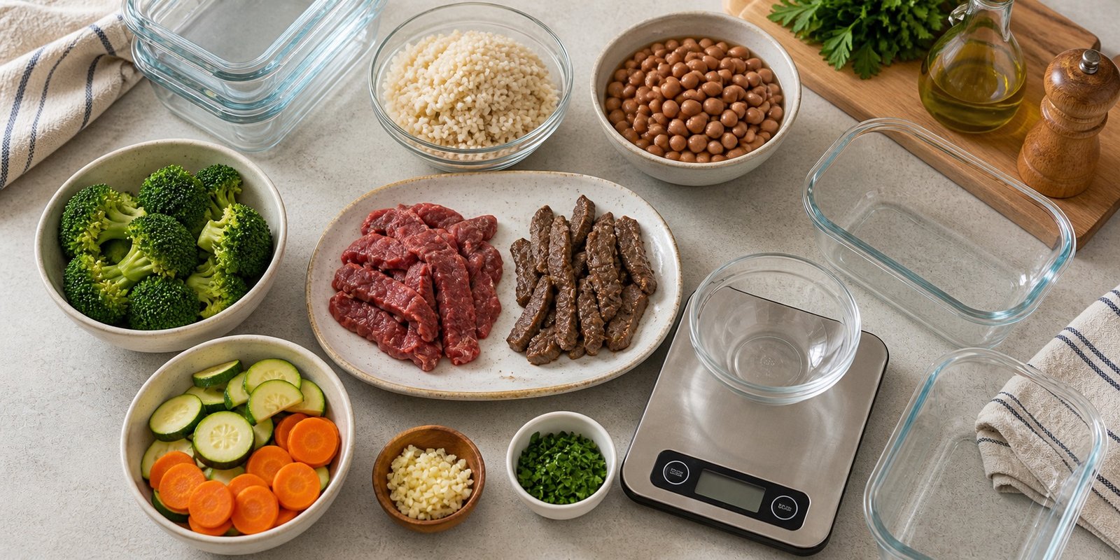 Ingredientes medidos para marmita fitness com iscas de carne e legumes antes da montagem.