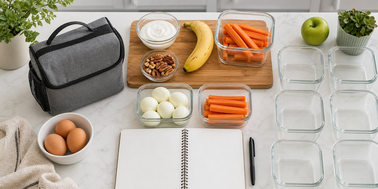 Planejamento de snacks fitness com potes, fruta, ovos e iogurte