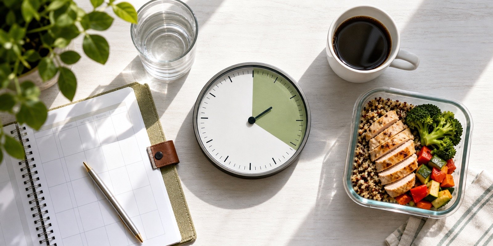Planejamento de jejum intermitente 20/4 com água, café e refeição equilibrada