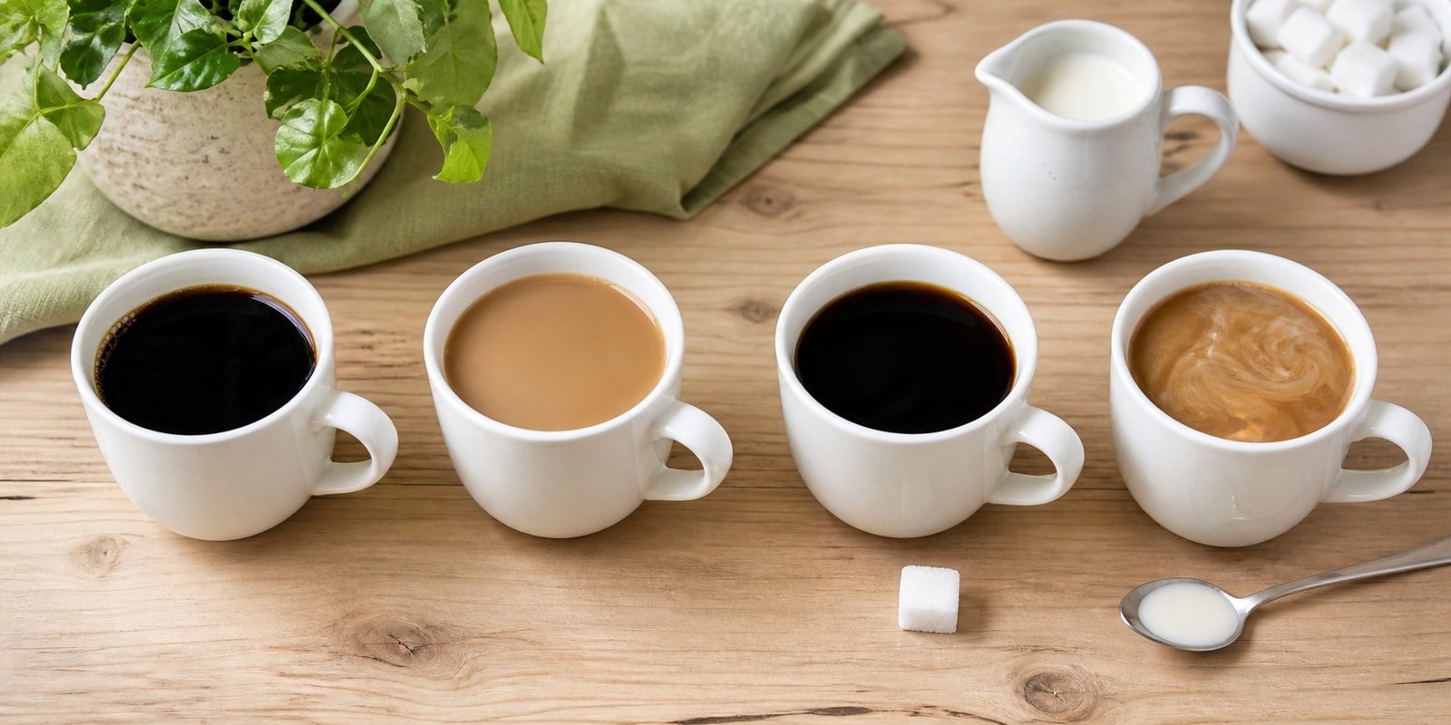 Xícaras de café puro e café com leite, açúcar e creme para comparar o jejum