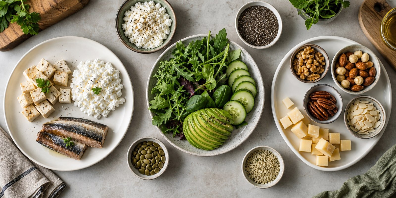 Pratos com tofu, cottage, sardinha, abacate, folhas, sementes e pepino para montar café keto sem ovos