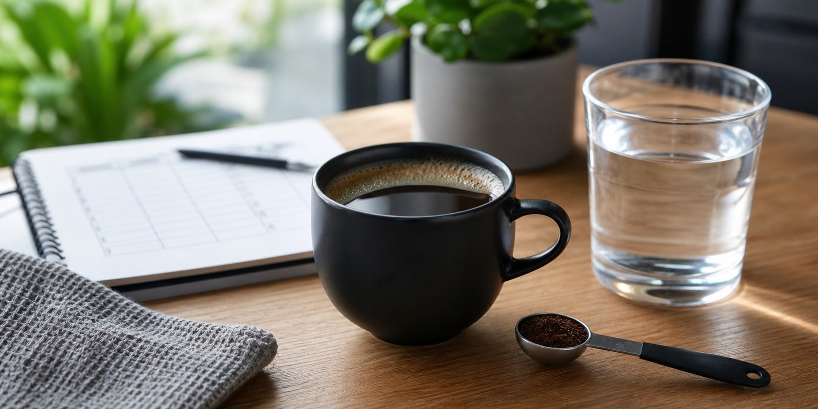 Café preto, água e itens de rotina para avaliar cafeína e tolerância