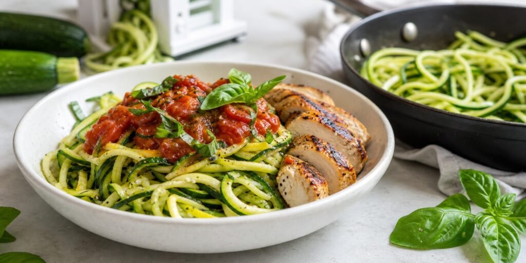 Espaguete de abobrinha low carb com molho de tomate e frango grelhado em bowl de jantar.