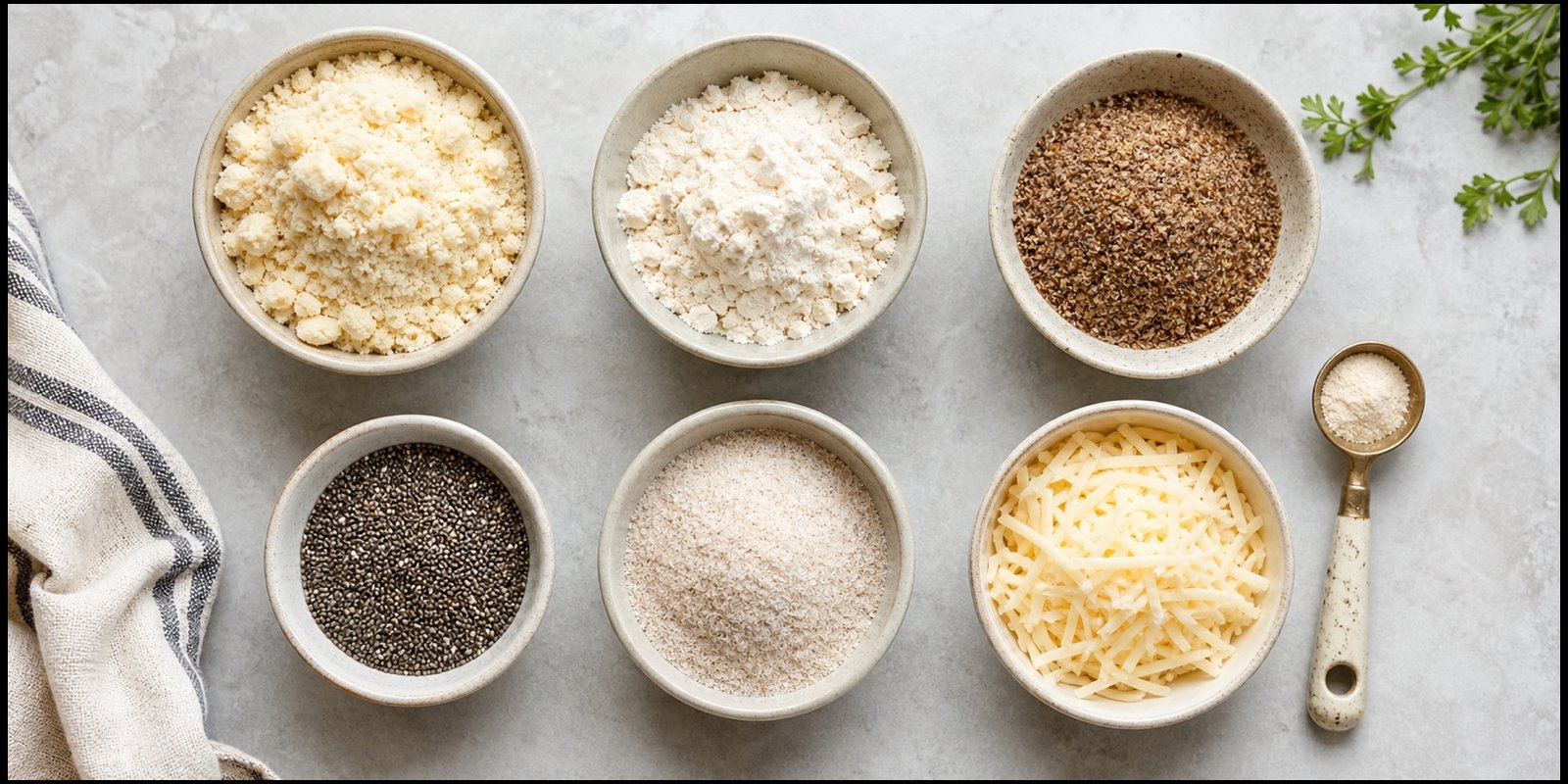Bols com farinha de amêndoas, farinha de coco, linhaça, chia, psyllium e queijo para comparar textura.