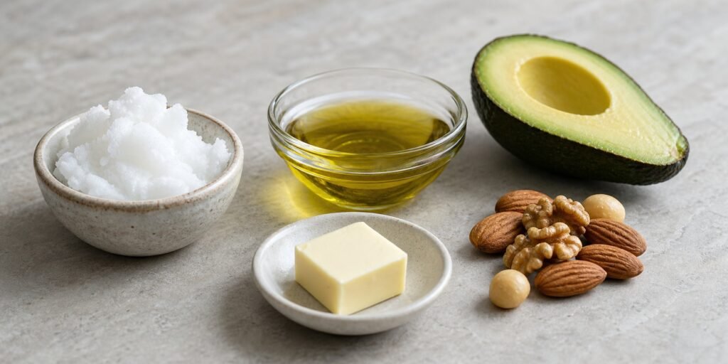 Tigelas com óleo de coco, azeite, abacate e castanhas para comparar fontes de gordura.