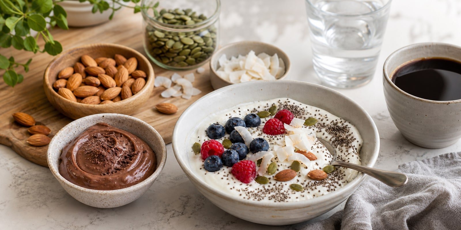 Bowl de iogurte natural com chia, frutas vermelhas e creme de abacate com cacau sem açúcar