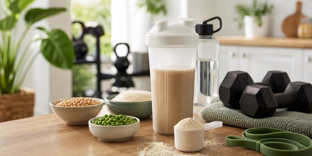 Shake de proteína vegana em pó ao lado de halteres e ingredientes vegetais