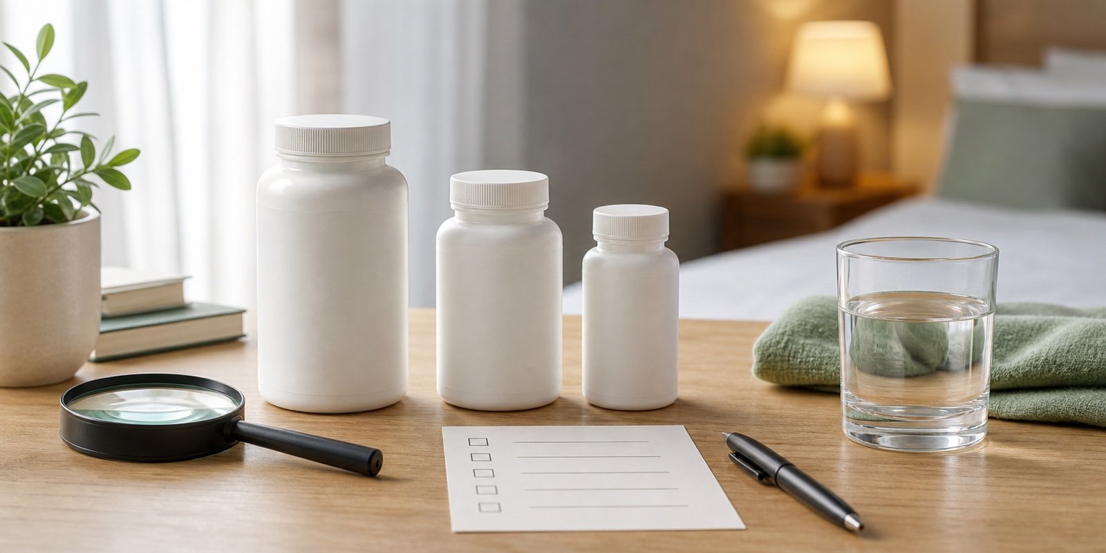 Frascos sem marca e checklist em branco para comparar quando considerar melatonina