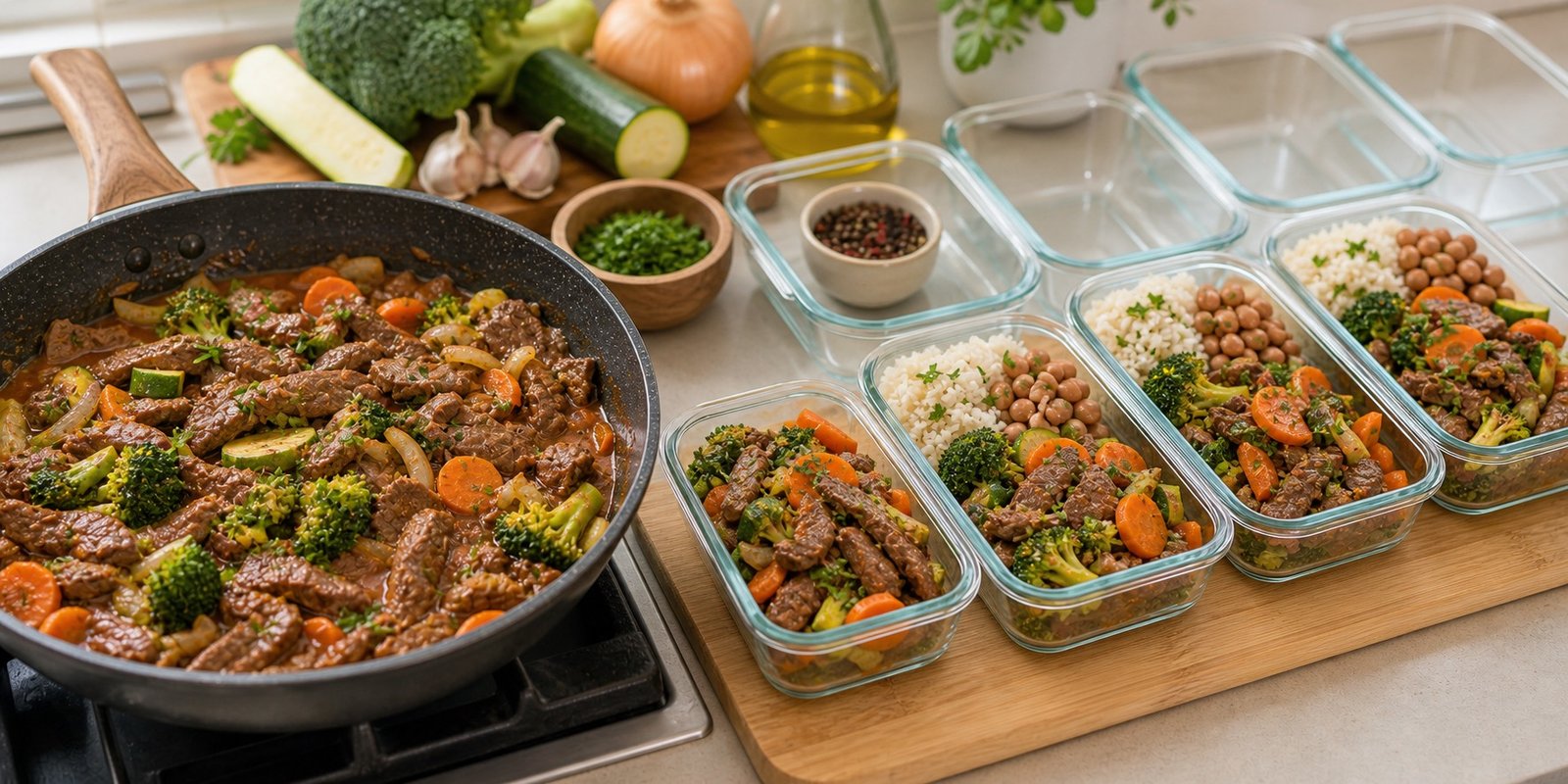 Iscas de carne com legumes em frigideira e potes de marmita sendo montados.