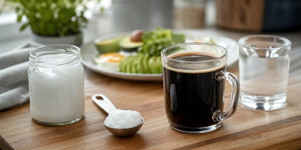 Café preto com colher medida de óleo de coco e água para uso cauteloso na dieta cetogênica.