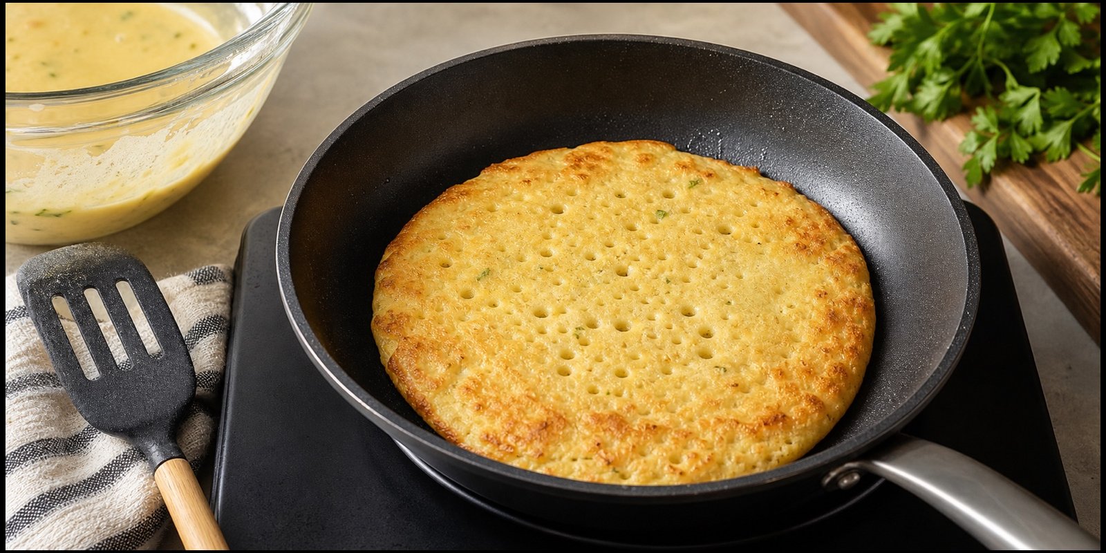Pão de frigideira baixo em carboidratos cozinhando em frigideira antiaderente com espátula e massa ao lado.