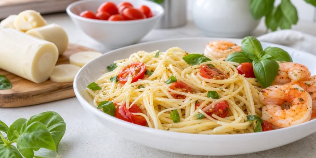Espaguete de pupunha com tomate, manjericão e proteína para refeição low carb prática.