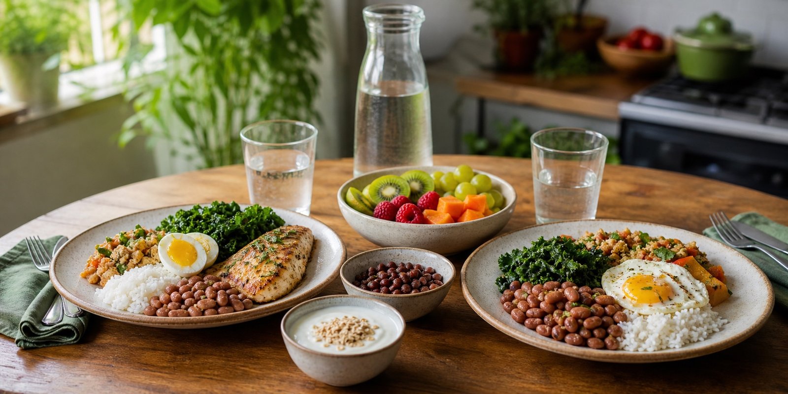 Pratos com arroz, feijão, ovos, frango, frutas, legumes e água para uma janela alimentar equilibrada.