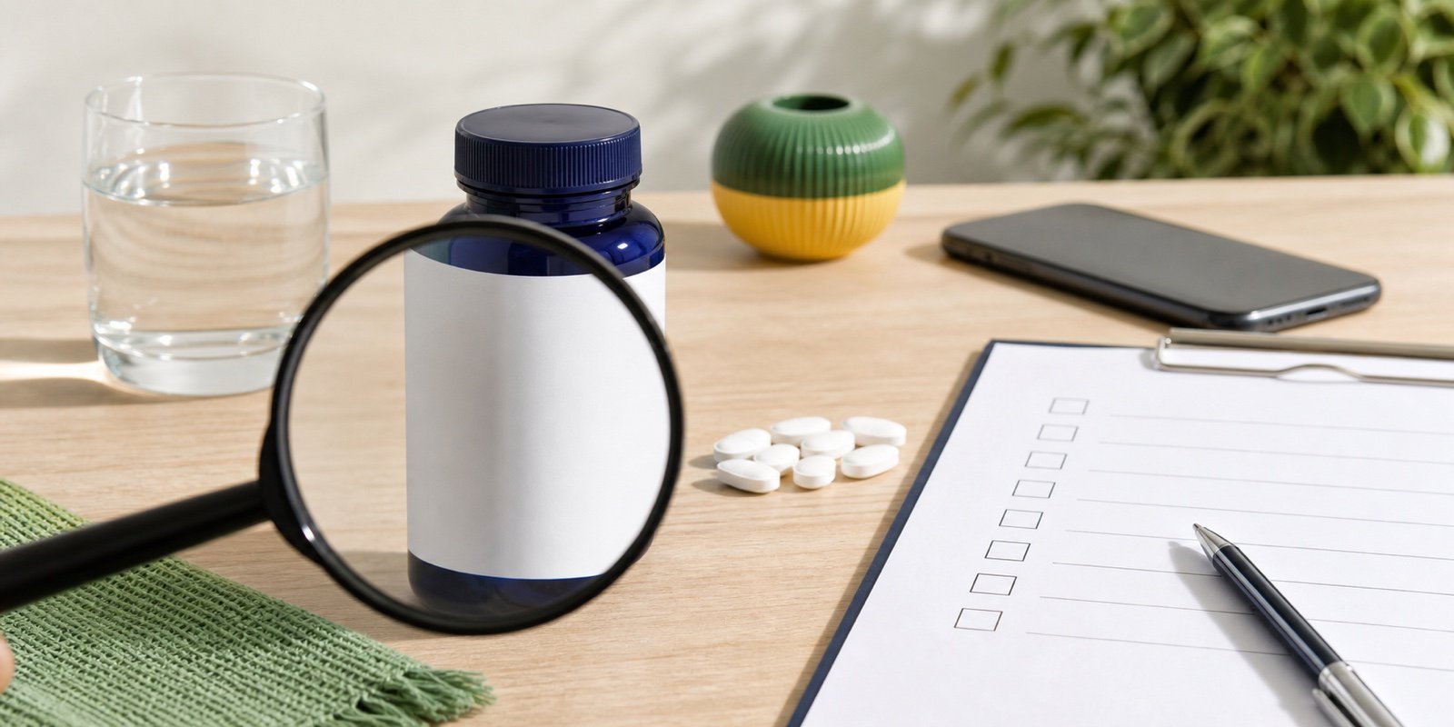Frasco sem marca, água e checklist para conferir rótulo de suplemento de melatonina no Brasil