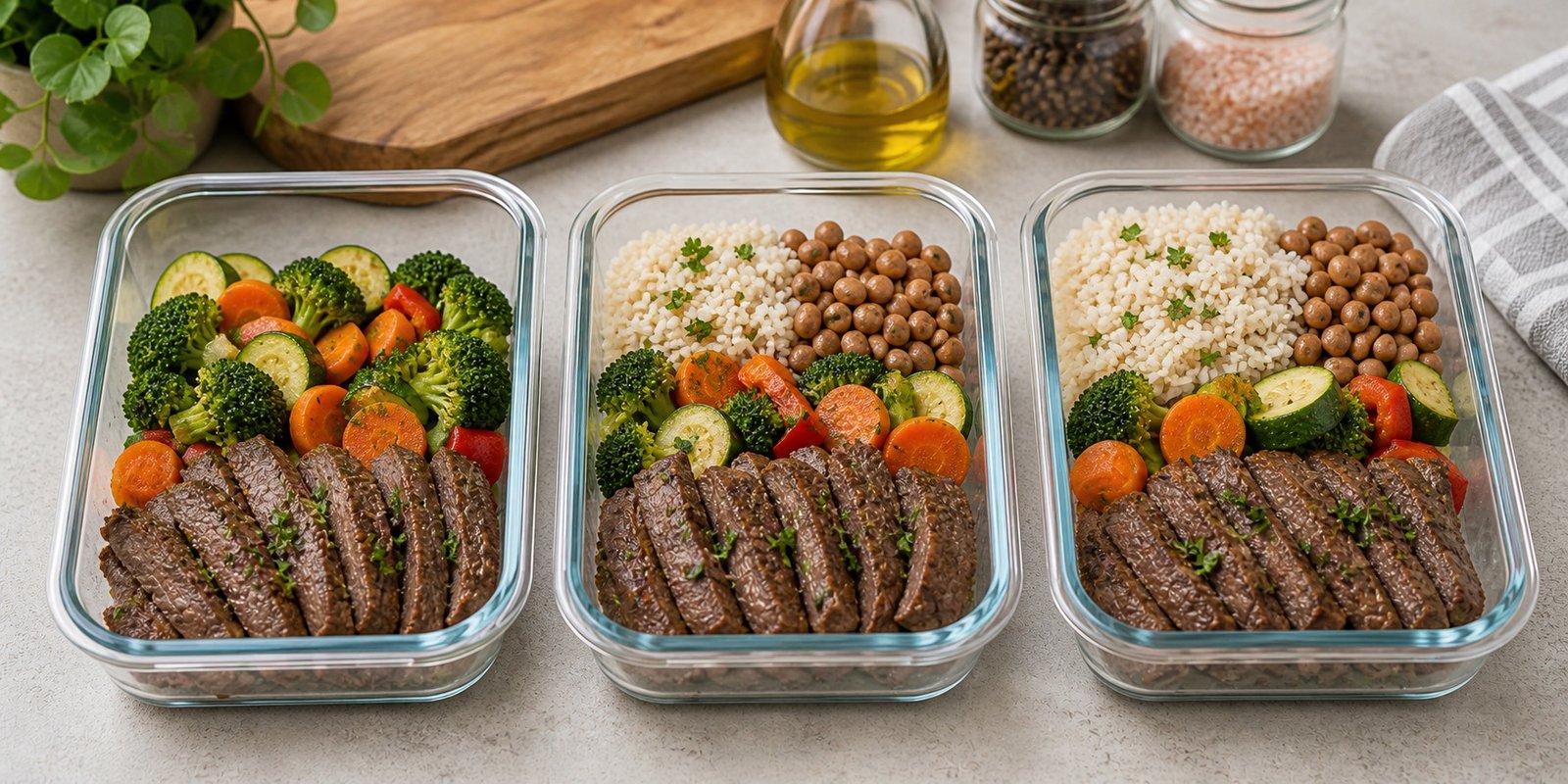 Três marmitas com iscas de carne, legumes, arroz e feijão em proporções diferentes.