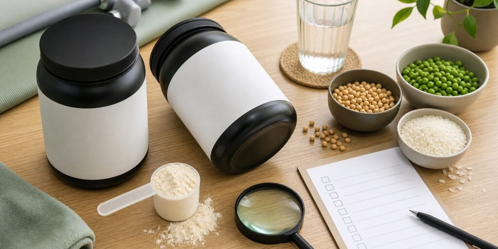 Potes sem marca e checklist em branco para avaliar rótulo de proteína vegana