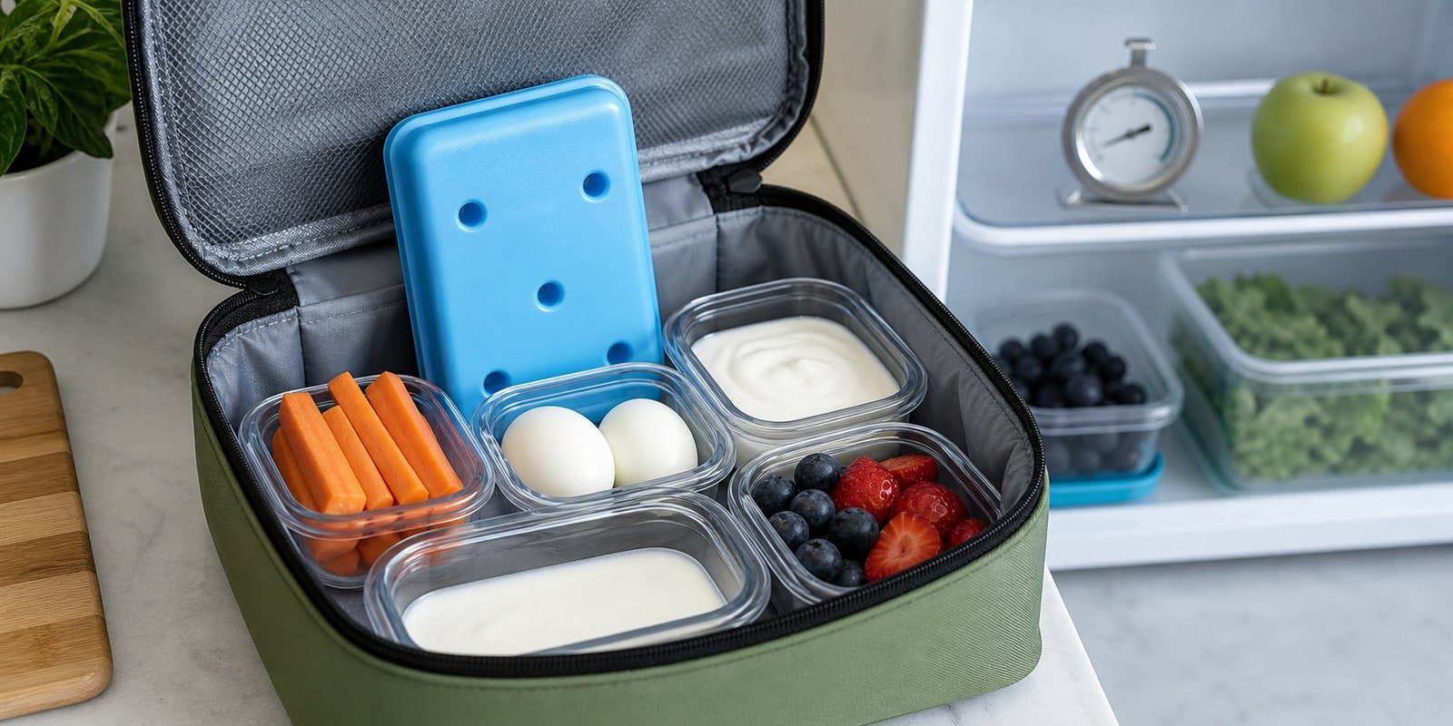 Bolsa térmica com gelo reutilizável e potes de lanche fitness