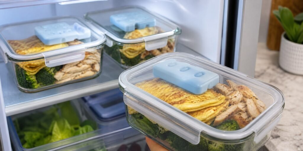Marmitas com panqueca de aveia e frango guardadas na geladeira em potes fechados