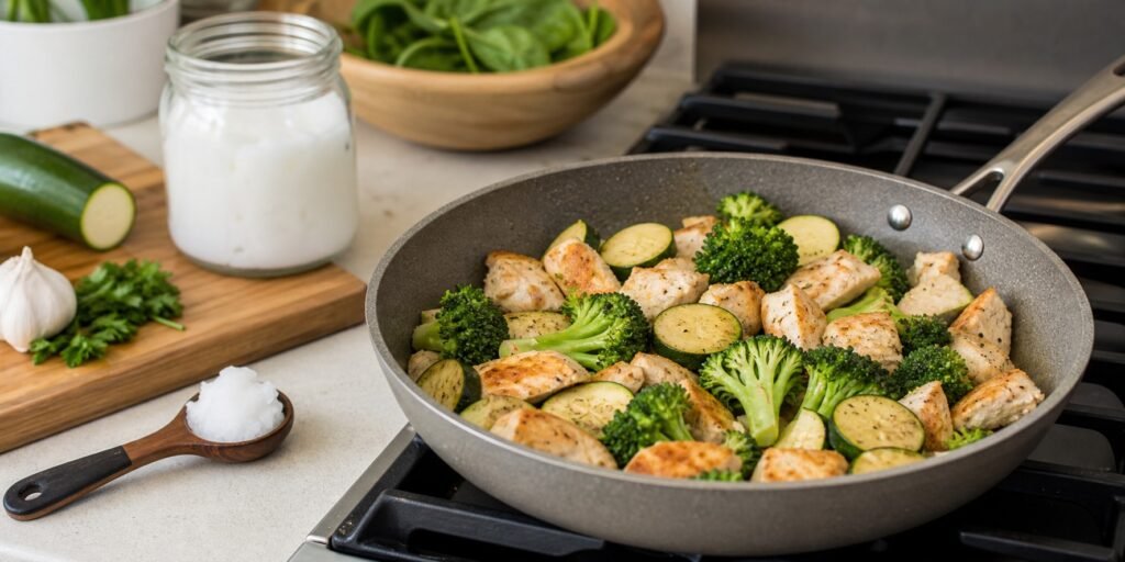 Frigideira com vegetais e proteína ao lado de óleo de coco medido para cozinhar sem exagero.