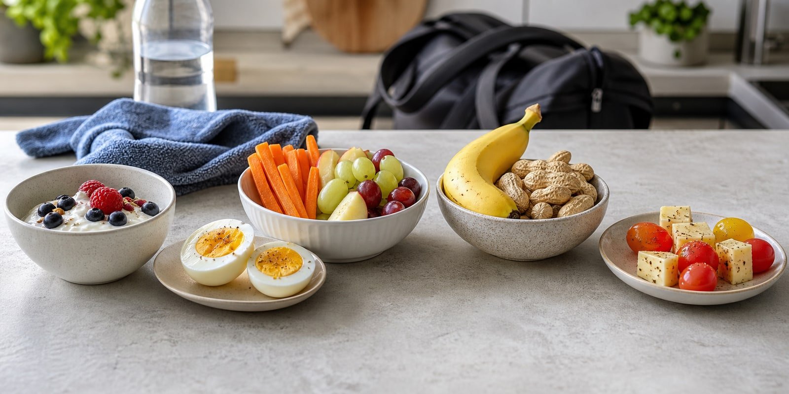 Opções de snacks fitness com iogurte, ovos, frutas, castanhas e legumes