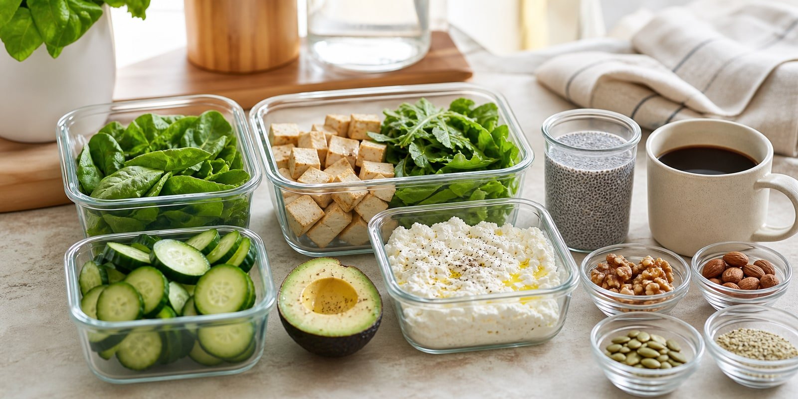 Potes de preparo semanal com folhas, pepino, tofu, abacate, chia, cottage, sementes e café