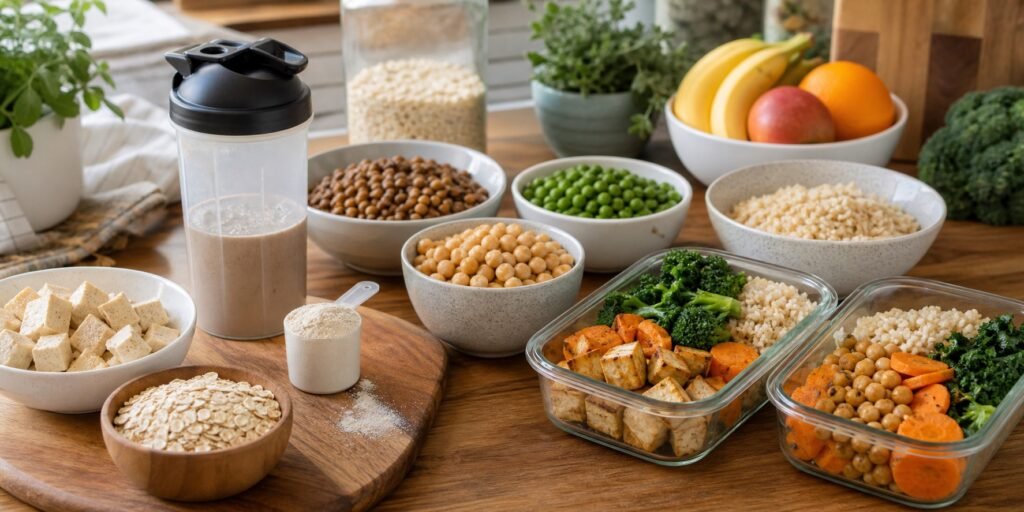 Refeições vegetais com tofu, grão-de-bico, arroz e shake de proteína como apoio
