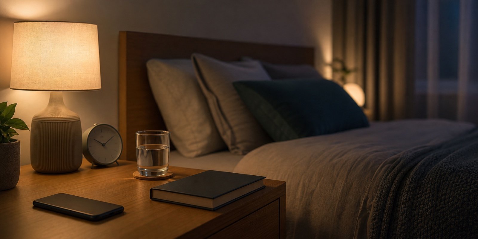 Quarto com luz baixa, celular afastado e água para rotina de sono antes de suplemento