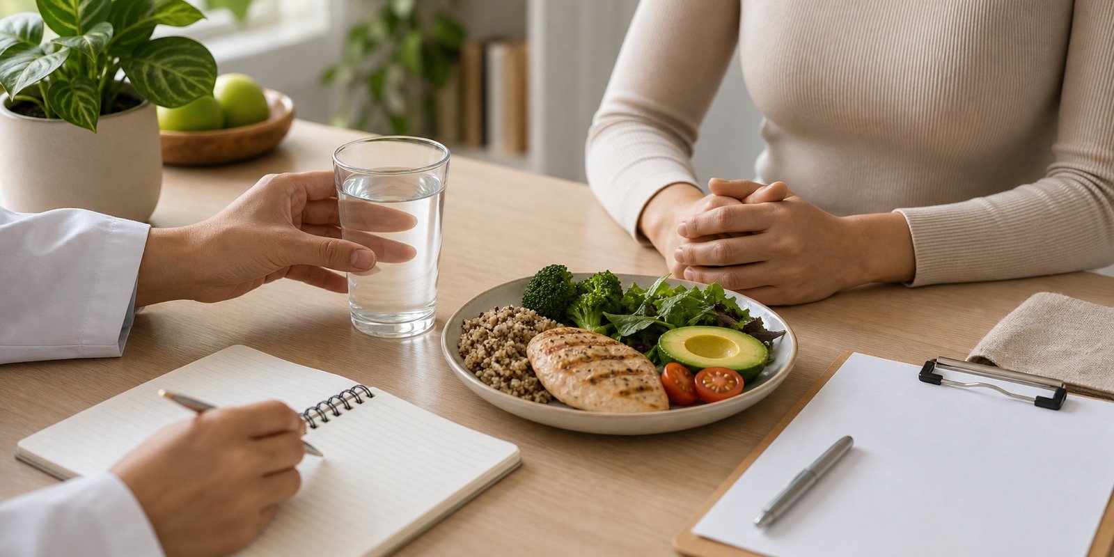 Consulta nutricional com água e refeição equilibrada para avaliar jejum avançado