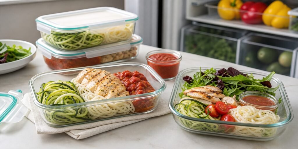 Potes de meal prep com massas low carb, molho separado, proteína e salada para armazenamento seguro.