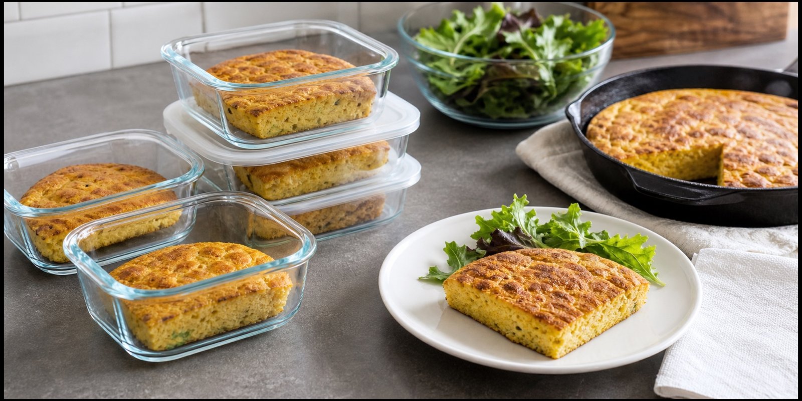 Porções de pão low carb em potes de vidro, prato com salada e frigideira ao fundo para conservar e reaquecer.