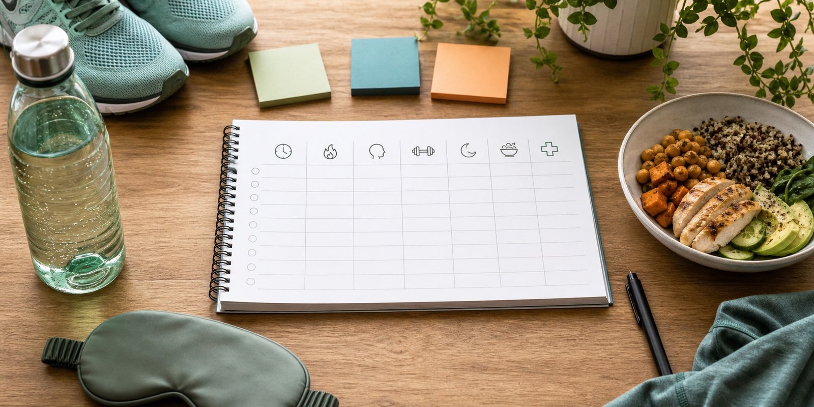 Planner visual, água, tênis e refeição para acompanhar sinais durante um teste de jejum.