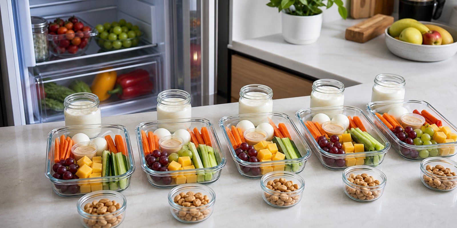 Potes de snacks fitness organizados para a semana na cozinha
