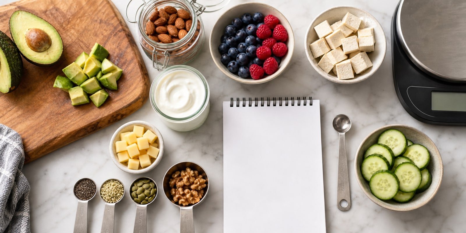 Porções medidas de nozes, sementes, queijo, iogurte, tofu, abacate, pepino e frutas vermelhas