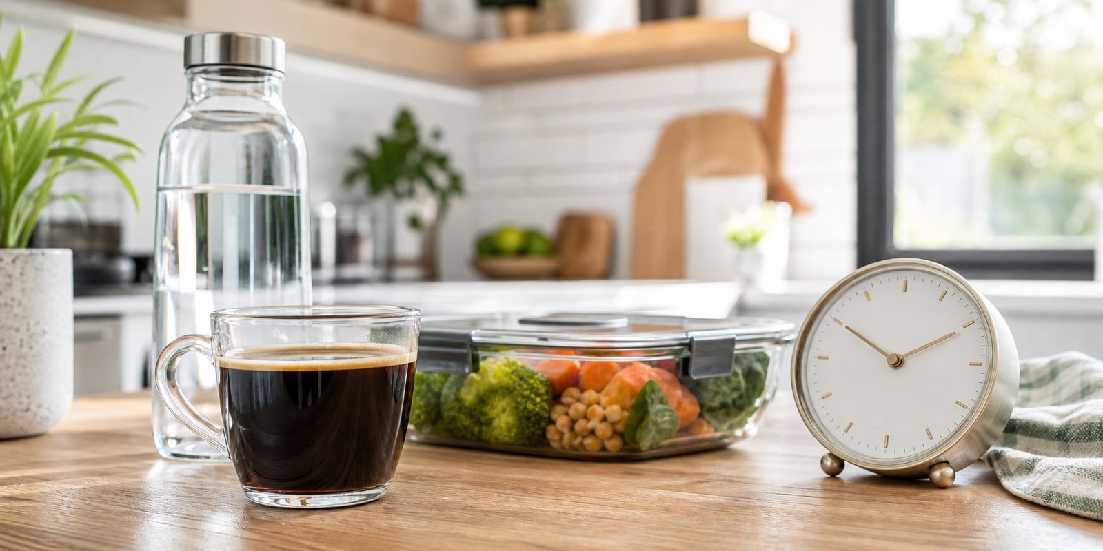 Café preto, água e marmita planejada para rotina de jejum intermitente