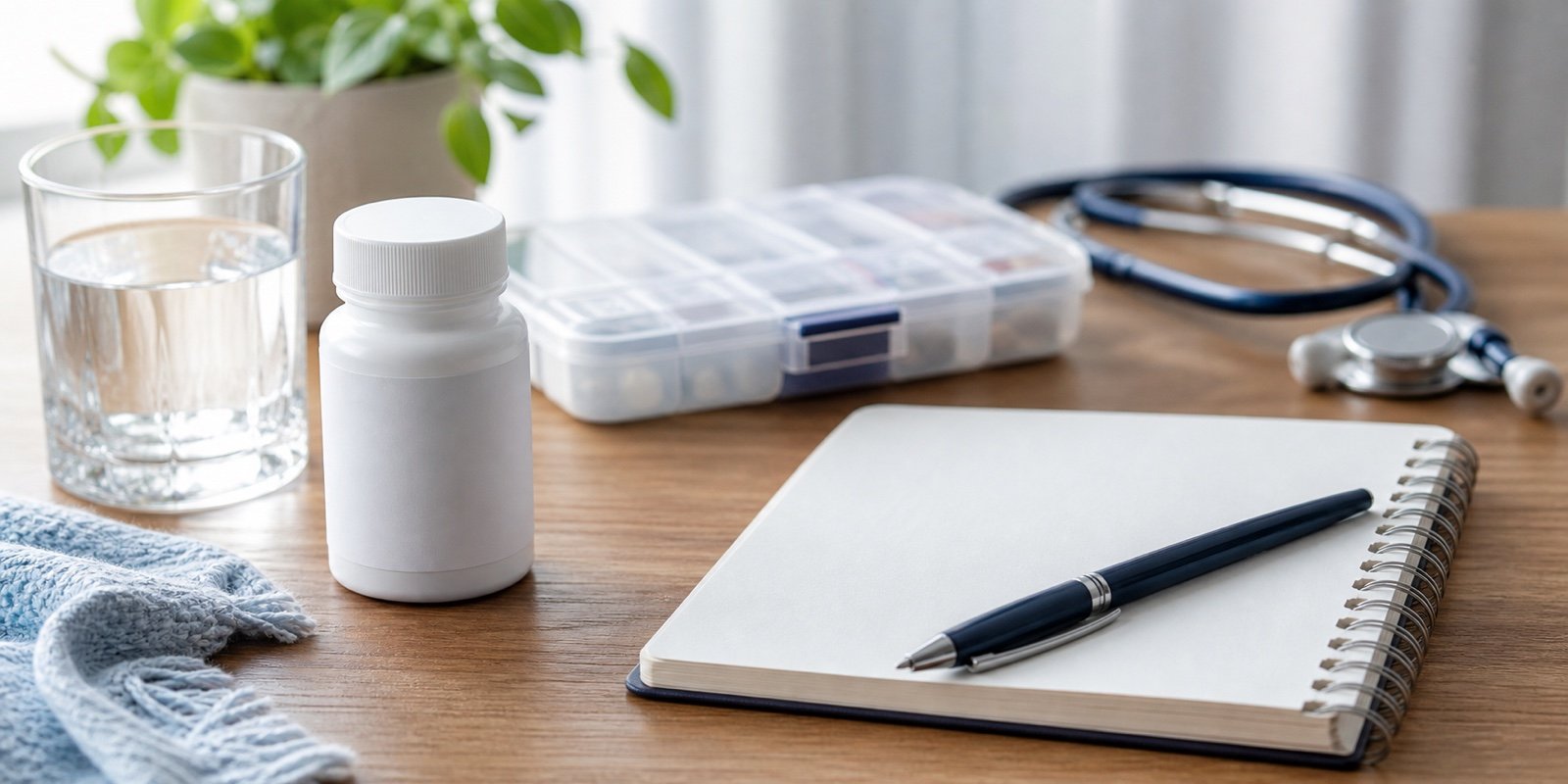 Frasco sem marca, organizador de medicamentos e caderno para avaliar segurança e interações da melatonina