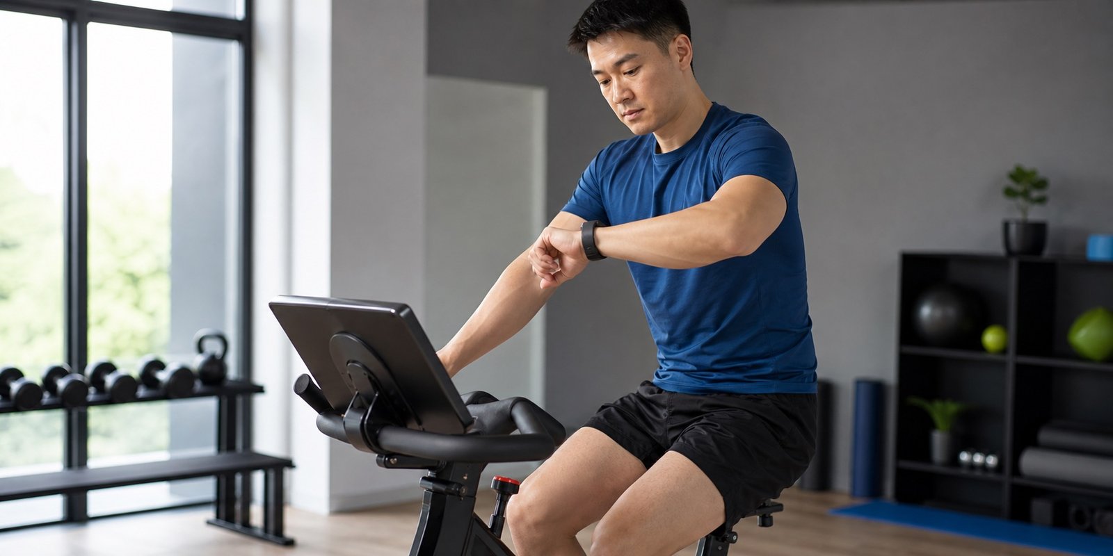 Praticante controlando a intensidade durante cardio na bicicleta ergométrica com ritmo moderado.