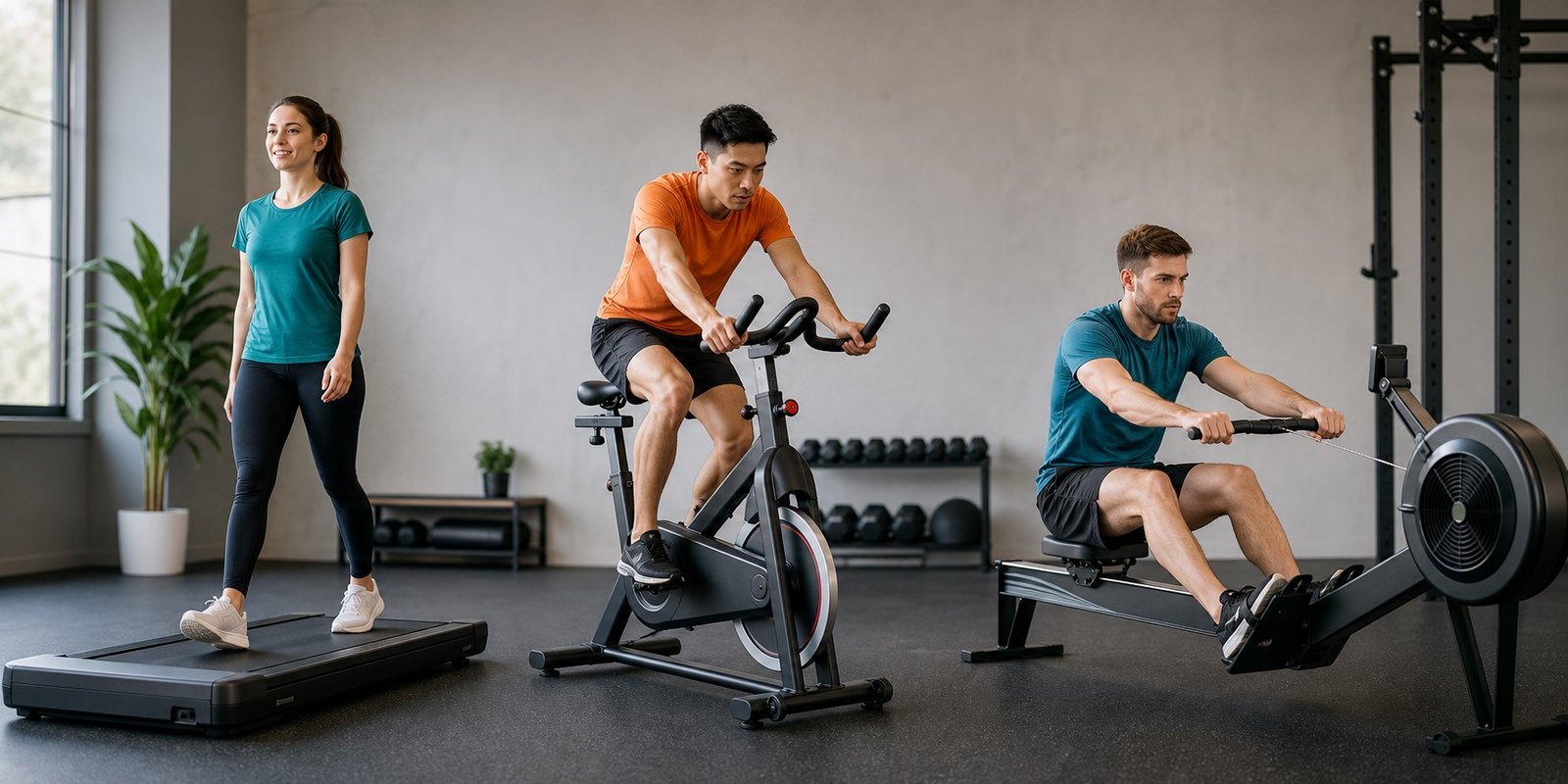 Três pessoas usando equipamentos de cardio em intensidades diferentes para comparar esforço leve, moderado e vigoroso.