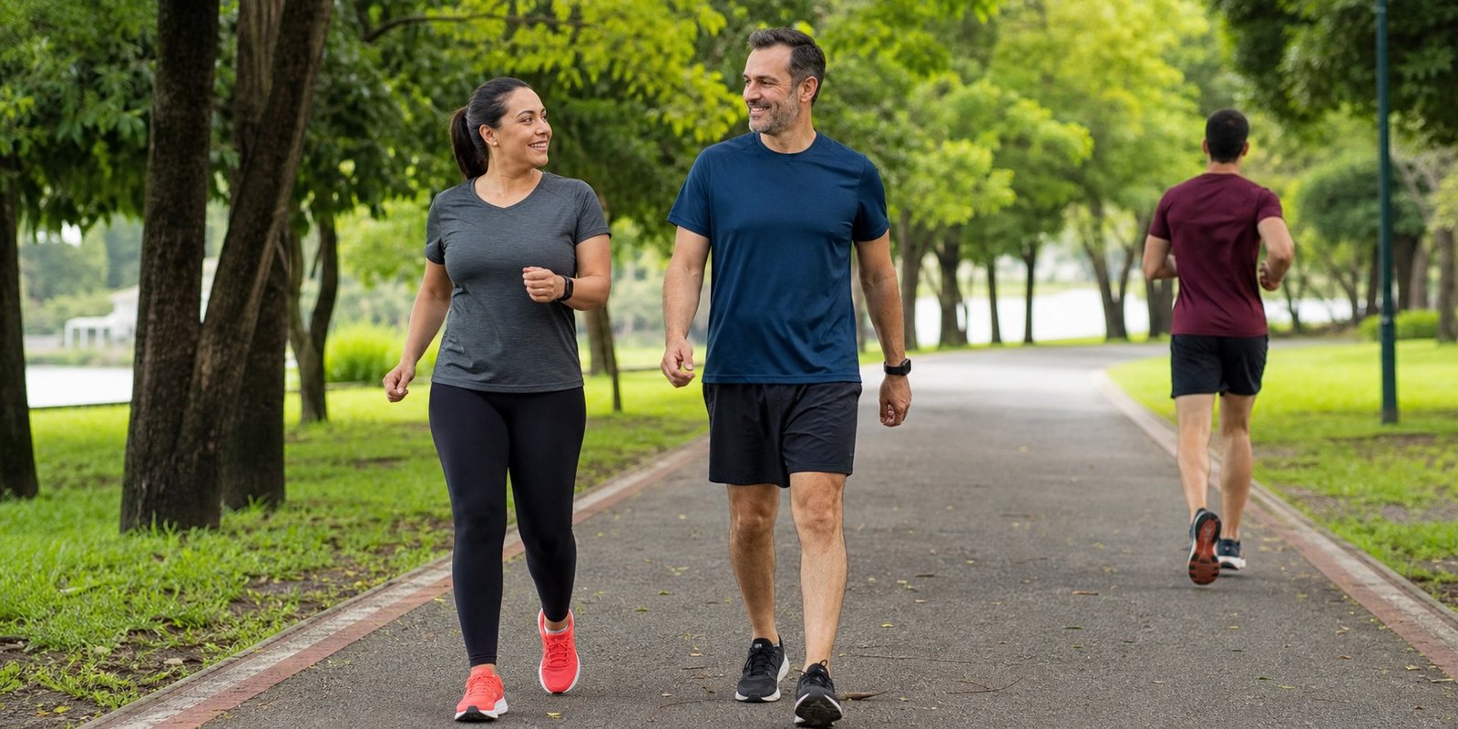 Duas pessoas caminhando em ritmo moderado para controlar a intensidade do cardio para o coração pelo teste da fala.