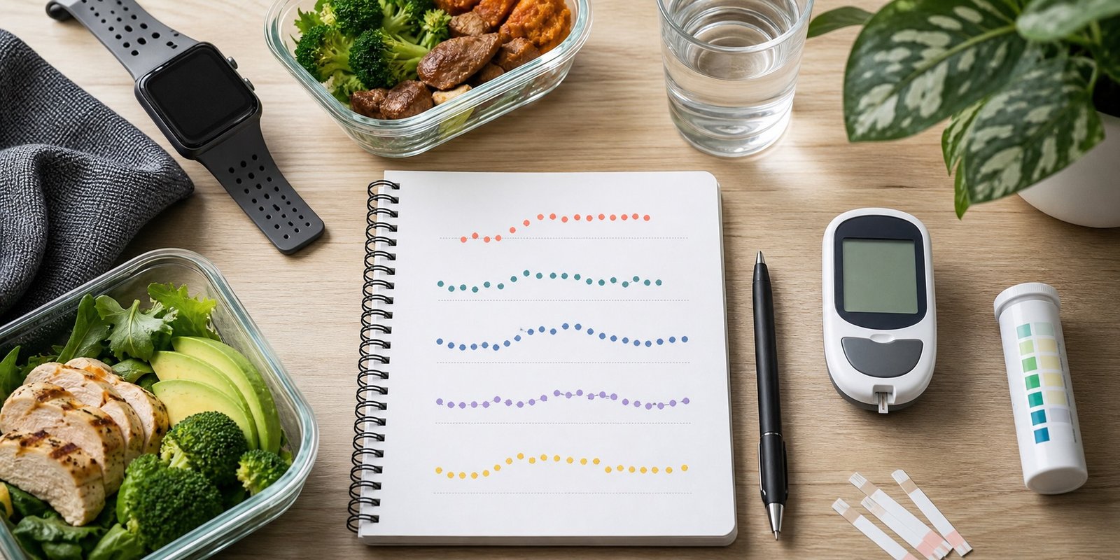 Caderno com tendências coloridas, marmitas low carb, água e medidor genérico para interpretar medições de cetose sem obsessão