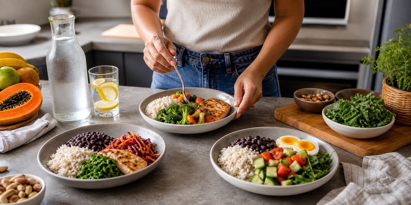 Refeições equilibradas com proteína, feijão, arroz, vegetais, frutas e água durante janela alimentar de 10 horas.