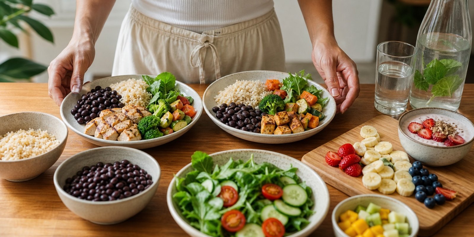 Refeições completas com arroz, feijão, proteína, vegetais, frutas e água para janela alimentar do jejum intermitente.