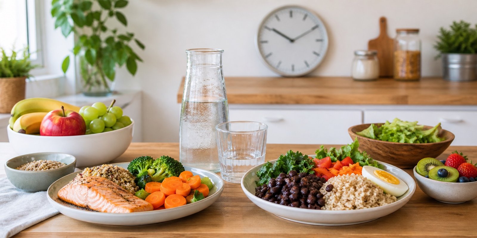 Janela alimentar com prato equilibrado, água, frutas, grãos e proteína magra.