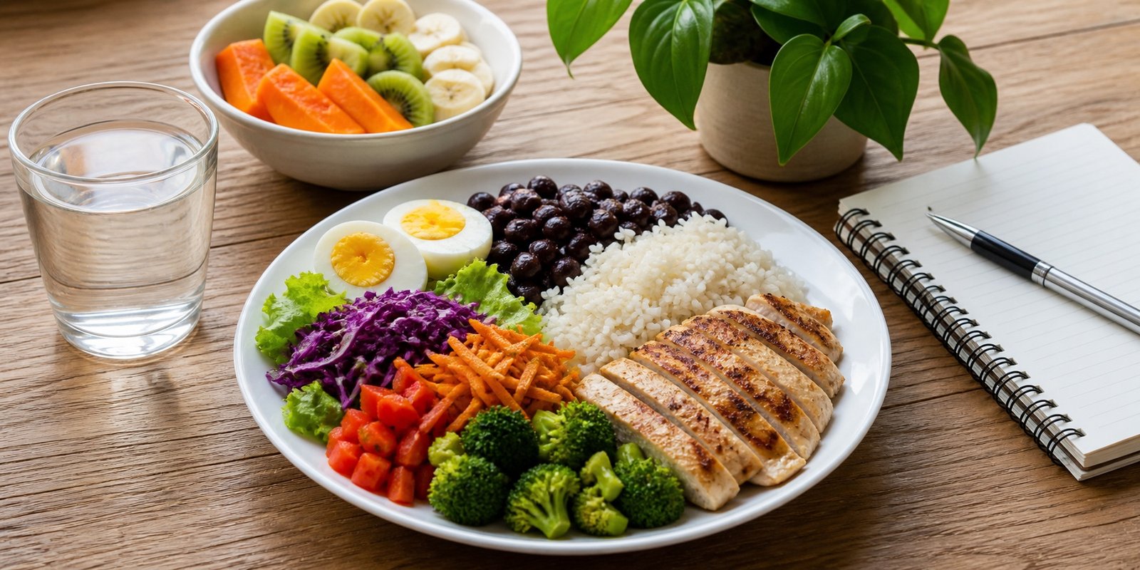 Prato equilibrado com proteína, arroz, feijão, vegetais, fruta e água.