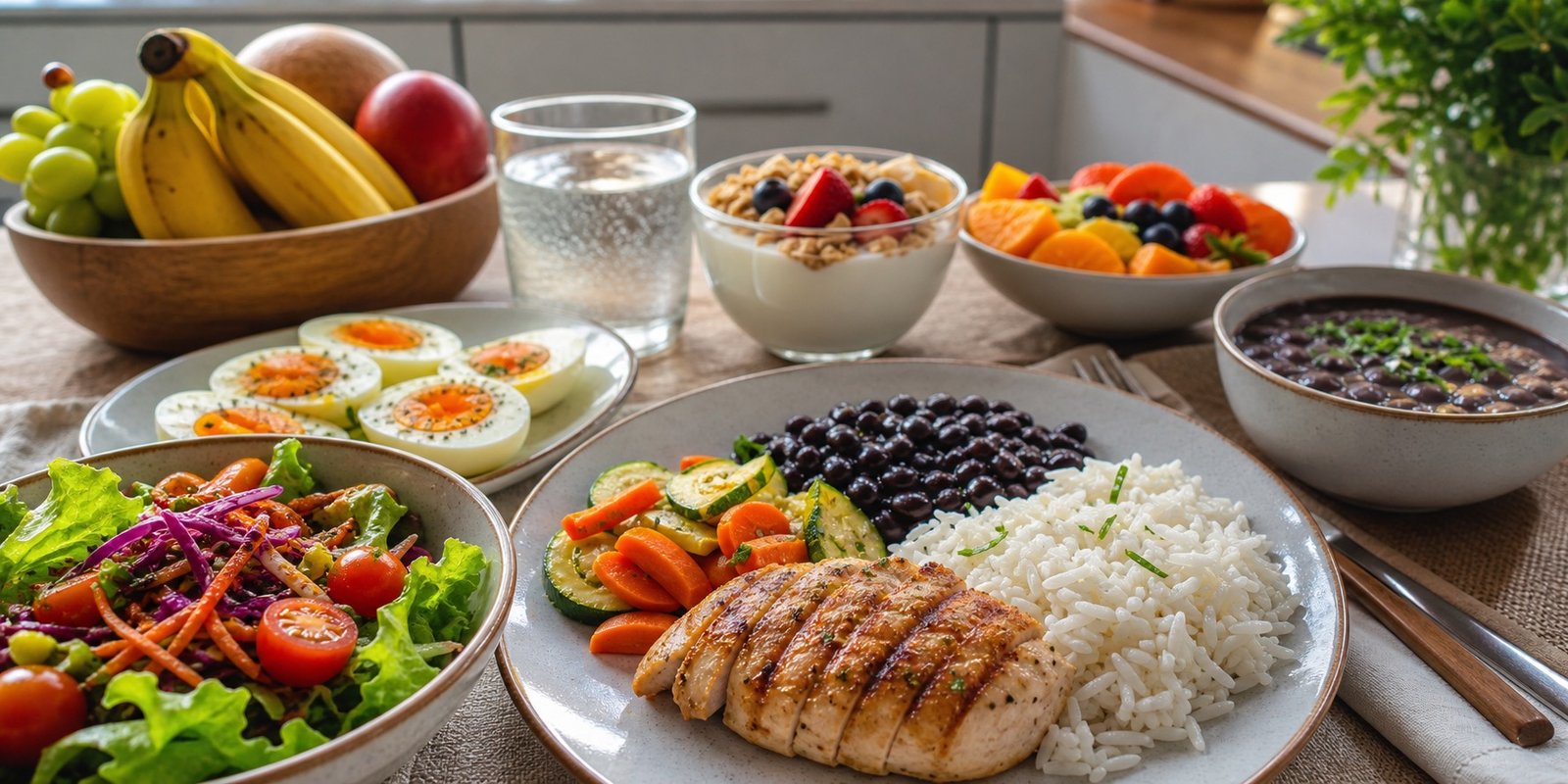 Refeição equilibrada com arroz, feijão, ovos, frango, vegetais, frutas e água para a janela alimentar do jejum de 16 horas.